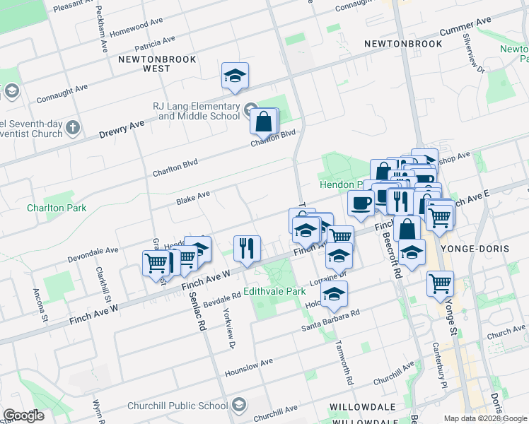 map of restaurants, bars, coffee shops, grocery stores, and more near 184 Hendon Avenue in Toronto