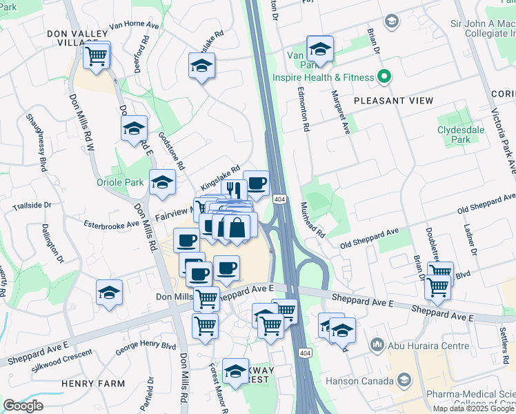 map of restaurants, bars, coffee shops, grocery stores, and more near 1800 Sheppard Avenue East in Toronto
