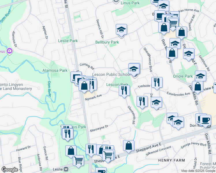 map of restaurants, bars, coffee shops, grocery stores, and more near 50 Nymark Avenue in Toronto
