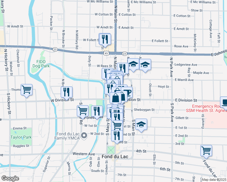 map of restaurants, bars, coffee shops, grocery stores, and more near 4 North Main Street in Fond du Lac