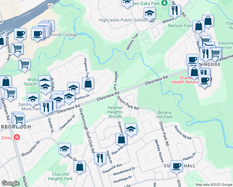 map of restaurants, bars, coffee shops, grocery stores, and more near Ellesmere Rd & Orton Park Rd in Toronto