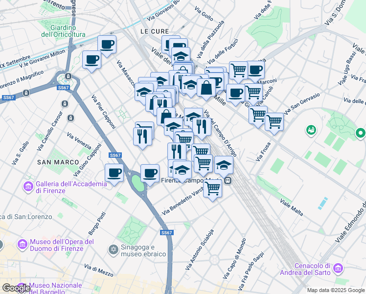 map of restaurants, bars, coffee shops, grocery stores, and more near 34 Via Giambologna in Firenze