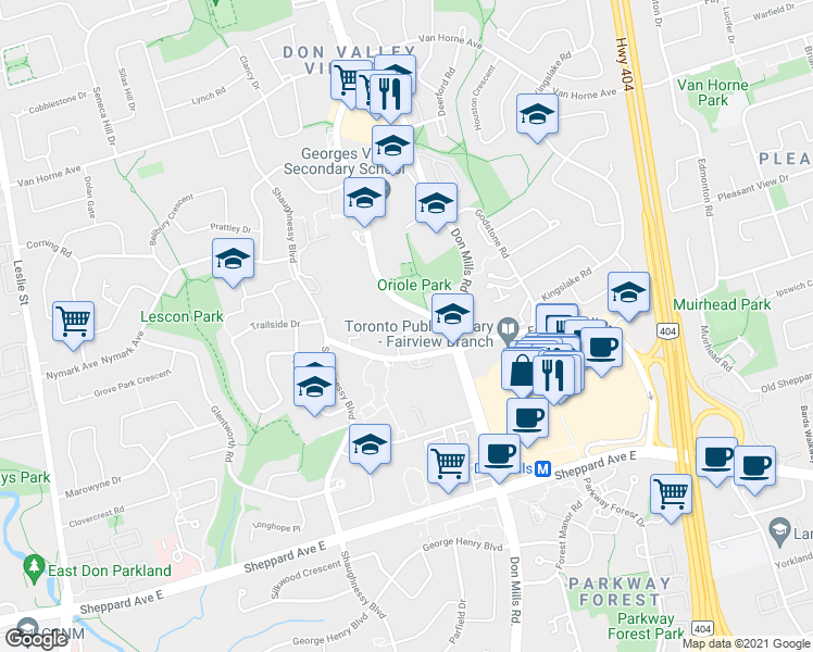 map of restaurants, bars, coffee shops, grocery stores, and more near 20 Esterbrooke Avenue in Toronto