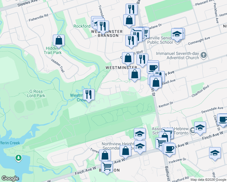 map of restaurants, bars, coffee shops, grocery stores, and more near 42 Antibes Drive in Toronto