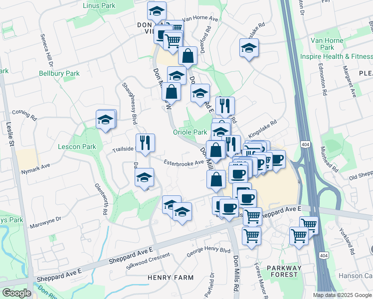 map of restaurants, bars, coffee shops, grocery stores, and more near 20 Esterbrooke Avenue in Toronto