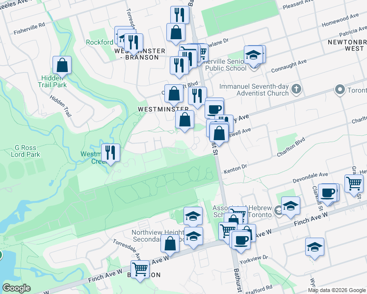 map of restaurants, bars, coffee shops, grocery stores, and more near 100 Antibes Drive in Toronto