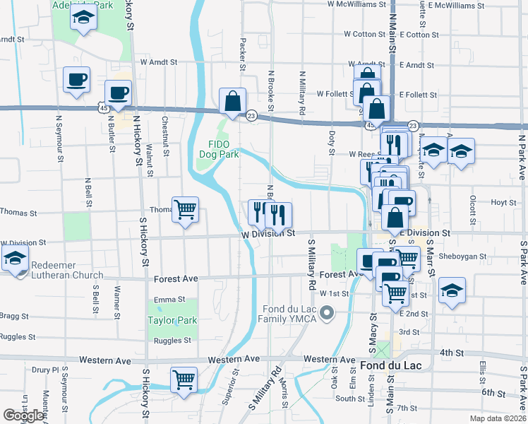 map of restaurants, bars, coffee shops, grocery stores, and more near 16 North Brooke Street in Fond du Lac