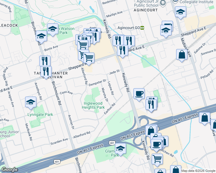 map of restaurants, bars, coffee shops, grocery stores, and more near in Toronto