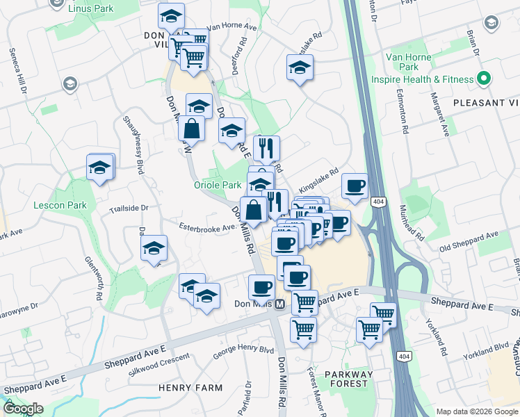 map of restaurants, bars, coffee shops, grocery stores, and more near in Toronto