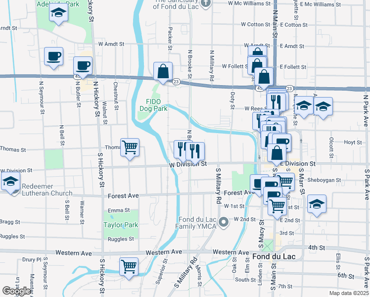map of restaurants, bars, coffee shops, grocery stores, and more near 24 North Brooke Street in Fond du Lac