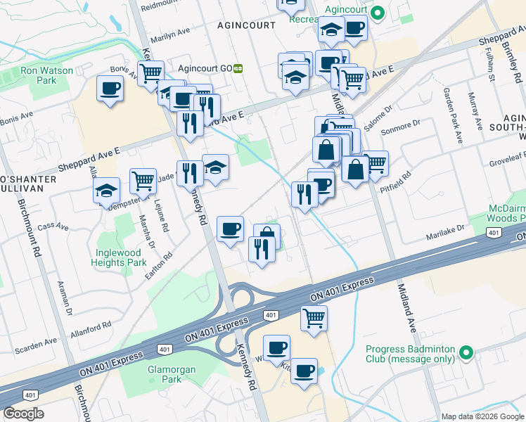 map of restaurants, bars, coffee shops, grocery stores, and more near 255 Village Green Square in Toronto