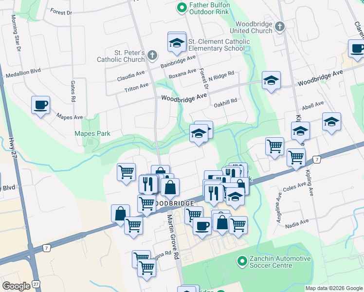map of restaurants, bars, coffee shops, grocery stores, and more near 174 Andrew Park in Vaughan