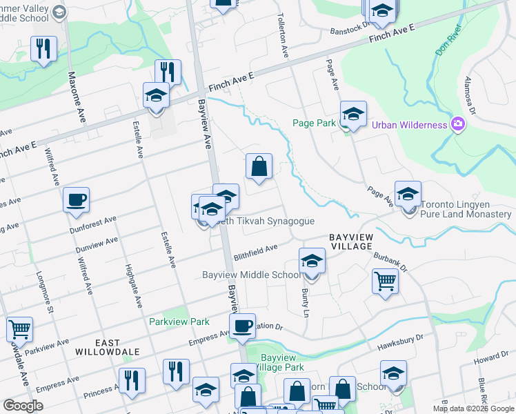 map of restaurants, bars, coffee shops, grocery stores, and more near 24 Burleigh Heights Drive in Toronto