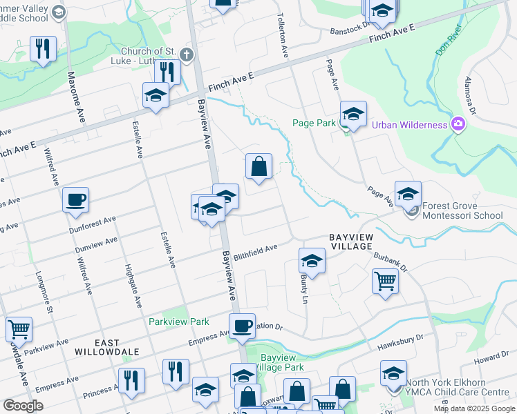 map of restaurants, bars, coffee shops, grocery stores, and more near 24 Burleigh Heights Drive in Toronto