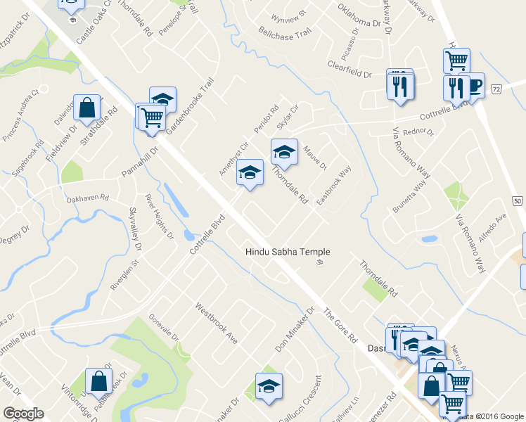 map of restaurants, bars, coffee shops, grocery stores, and more near Turquoise Crescent in Brampton
