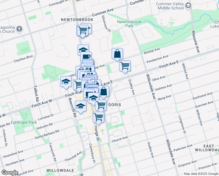 map of restaurants, bars, coffee shops, grocery stores, and more near 35 Finch Avenue East in Toronto