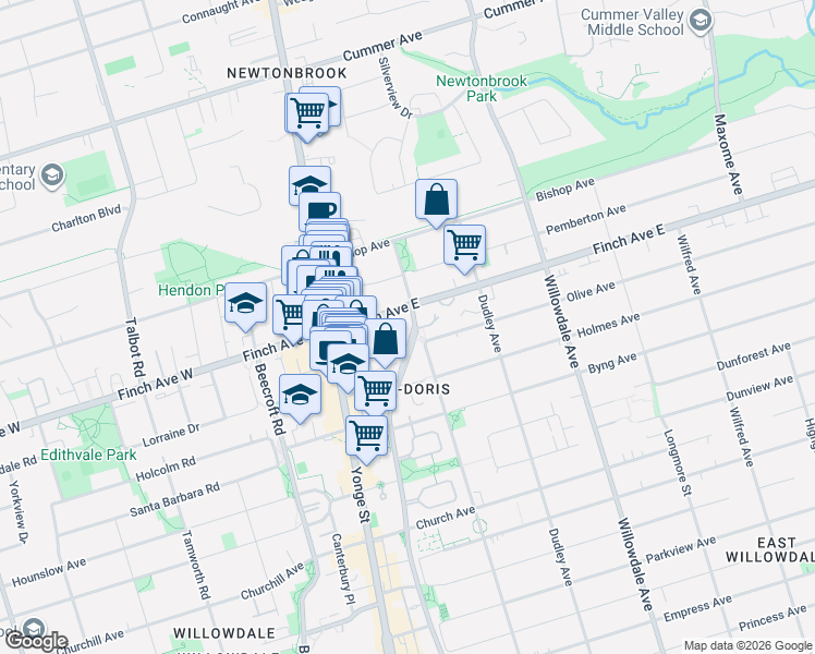 map of restaurants, bars, coffee shops, grocery stores, and more near 35 Finch Avenue East in Toronto