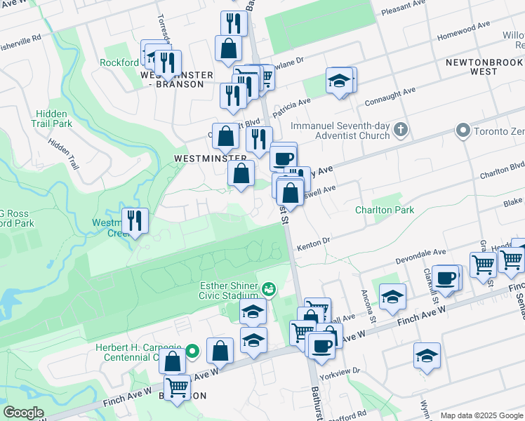 map of restaurants, bars, coffee shops, grocery stores, and more near 115 Antibes Drive in Toronto