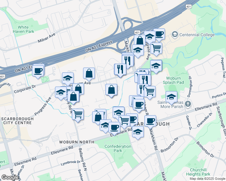 map of restaurants, bars, coffee shops, grocery stores, and more near in Toronto