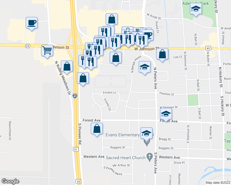 map of restaurants, bars, coffee shops, grocery stores, and more near 737 Forest Lane in Fond du Lac