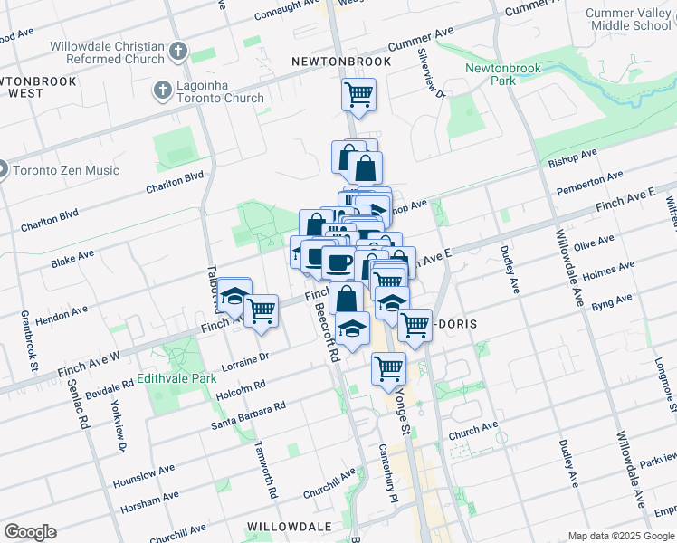 map of restaurants, bars, coffee shops, grocery stores, and more near in Toronto