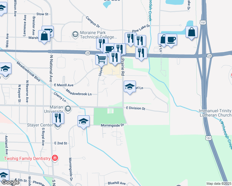 map of restaurants, bars, coffee shops, grocery stores, and more near 80 Prairie Road in Fond du Lac