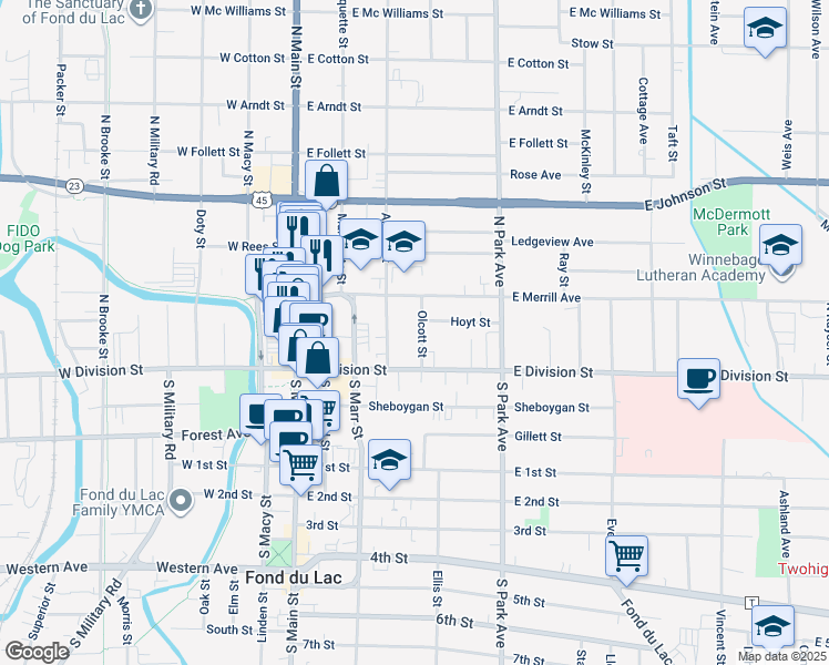 map of restaurants, bars, coffee shops, grocery stores, and more near 59 Amory Street in Fond du Lac