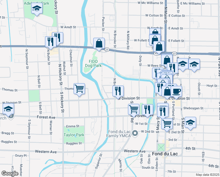 map of restaurants, bars, coffee shops, grocery stores, and more near 207 Lewis Street in Fond du Lac