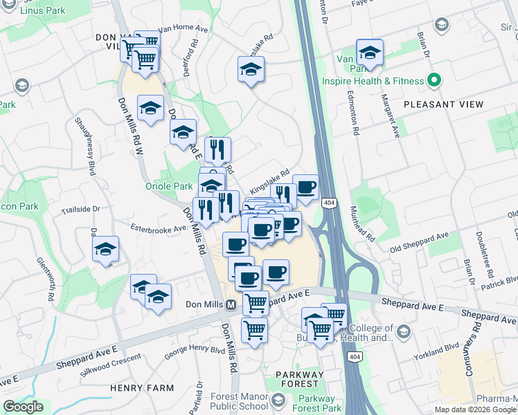 map of restaurants, bars, coffee shops, grocery stores, and more near 128 Fairview Mall Drive in Toronto