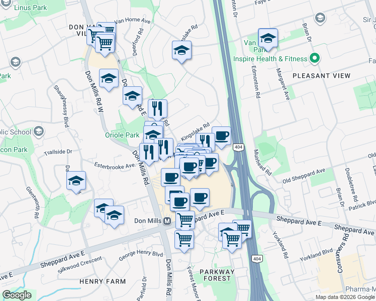 map of restaurants, bars, coffee shops, grocery stores, and more near 128 Fairview Mall Drive in Toronto