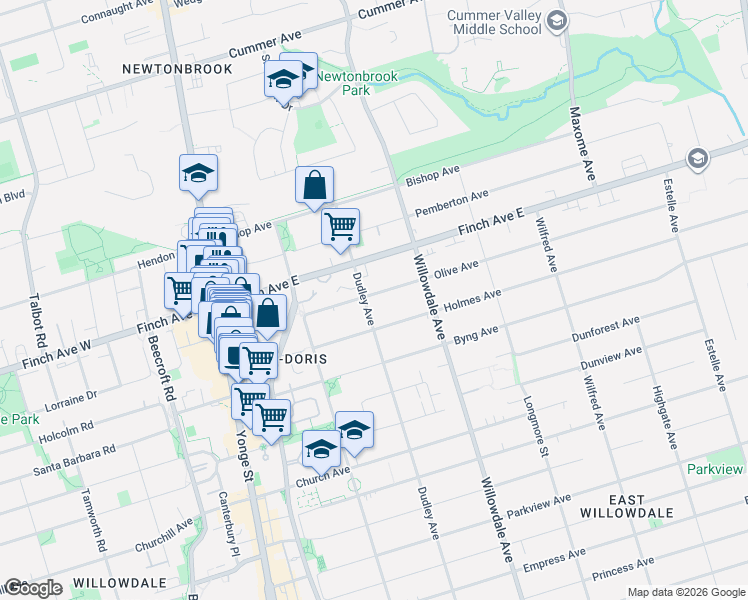 map of restaurants, bars, coffee shops, grocery stores, and more near 21 Olive Avenue in Toronto