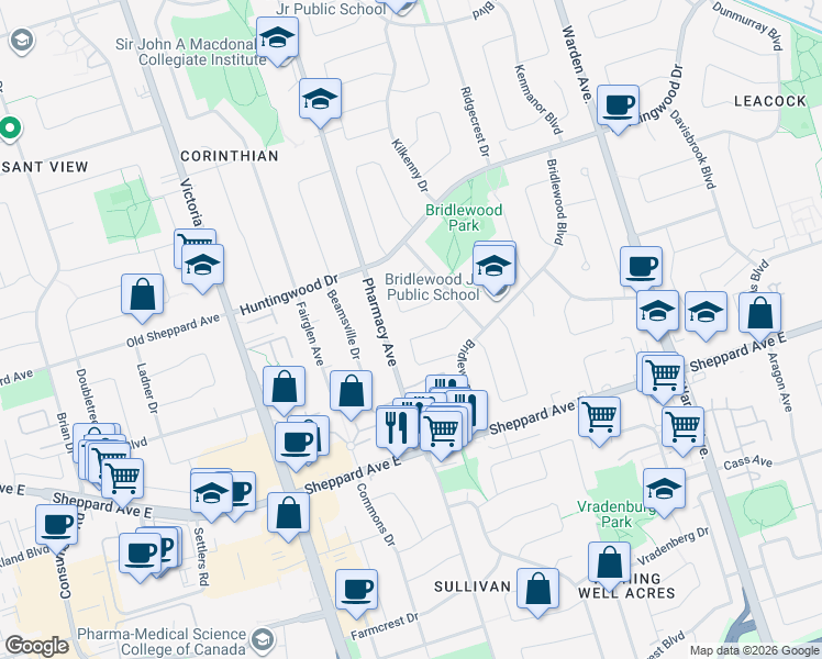 map of restaurants, bars, coffee shops, grocery stores, and more near 40 Ravencliff Crescent in Toronto