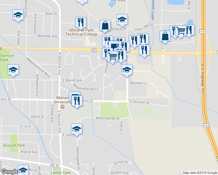 map of restaurants, bars, coffee shops, grocery stores, and more near 75 University Drive in Fond du Lac