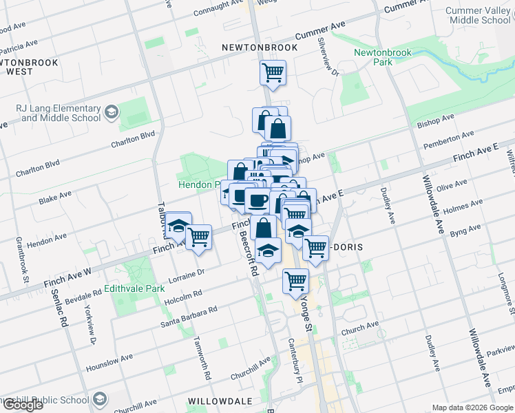 map of restaurants, bars, coffee shops, grocery stores, and more near 1 Duplex Avenue in Toronto