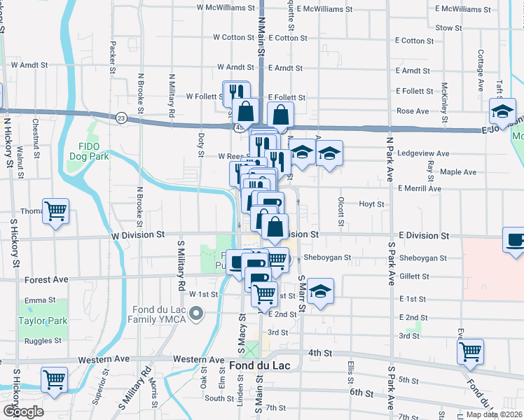 map of restaurants, bars, coffee shops, grocery stores, and more near 56 North Main Street in Fond du Lac
