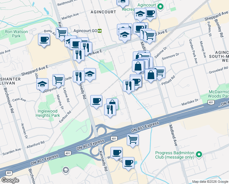 map of restaurants, bars, coffee shops, grocery stores, and more near 255 Village Green Square in Toronto