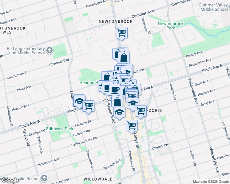 map of restaurants, bars, coffee shops, grocery stores, and more near 1 Duplex Avenue in Toronto