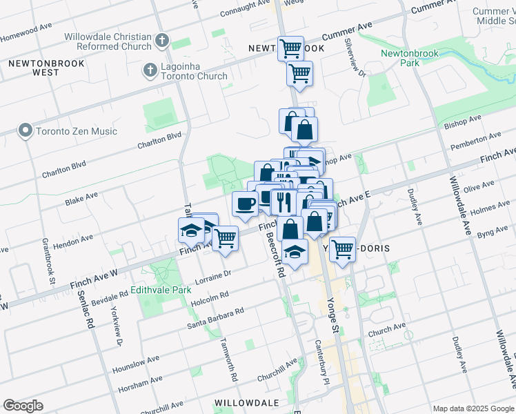 map of restaurants, bars, coffee shops, grocery stores, and more near 18 Greenview Avenue in Toronto