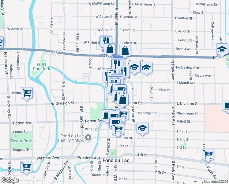 map of restaurants, bars, coffee shops, grocery stores, and more near 56 North Main Street in Fond du Lac