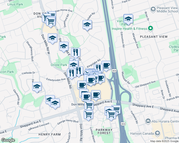 map of restaurants, bars, coffee shops, grocery stores, and more near 128 Fairview Mall Drive in Toronto