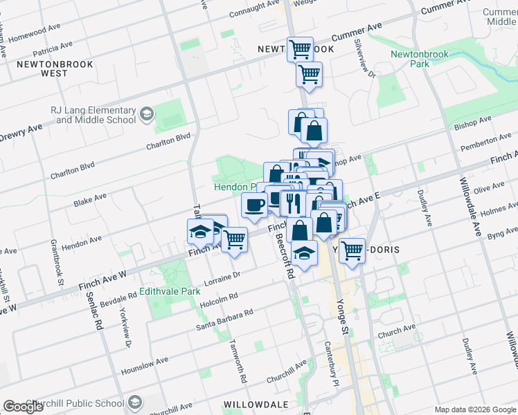 map of restaurants, bars, coffee shops, grocery stores, and more near 19 Eldora Avenue in Toronto