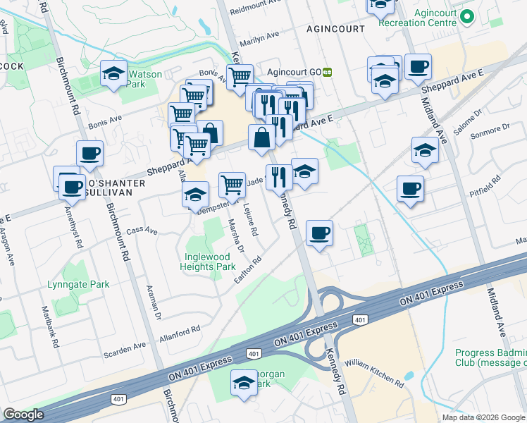 map of restaurants, bars, coffee shops, grocery stores, and more near in Toronto