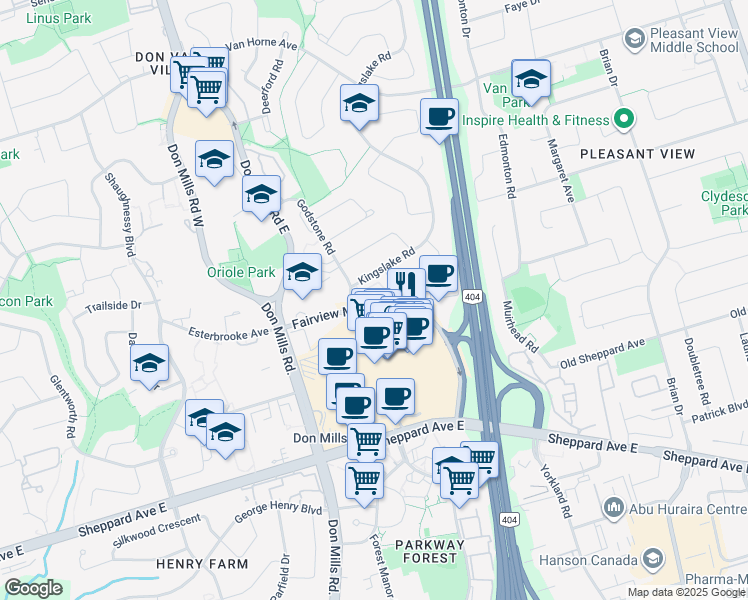 map of restaurants, bars, coffee shops, grocery stores, and more near in North York