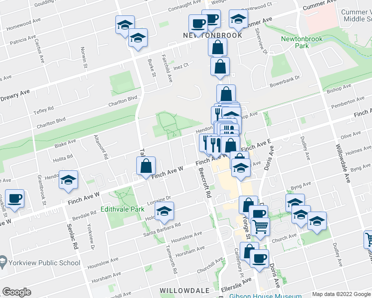 map of restaurants, bars, coffee shops, grocery stores, and more near 48 Greenview Avenue in Toronto