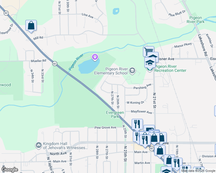 map of restaurants, bars, coffee shops, grocery stores, and more near 2620 Pershing Avenue in Sheboygan