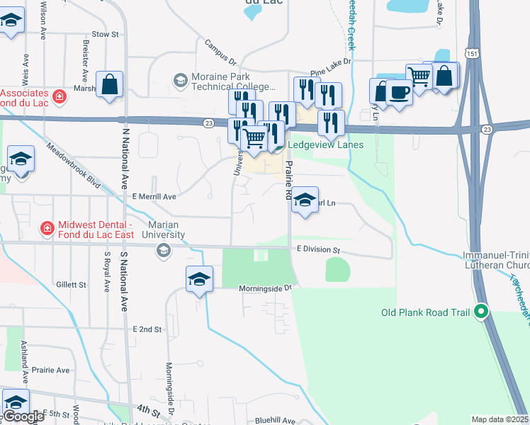 map of restaurants, bars, coffee shops, grocery stores, and more near 80 Prairie Road in Fond du Lac
