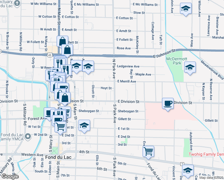 map of restaurants, bars, coffee shops, grocery stores, and more near 185 Hoyt Street in Fond du Lac