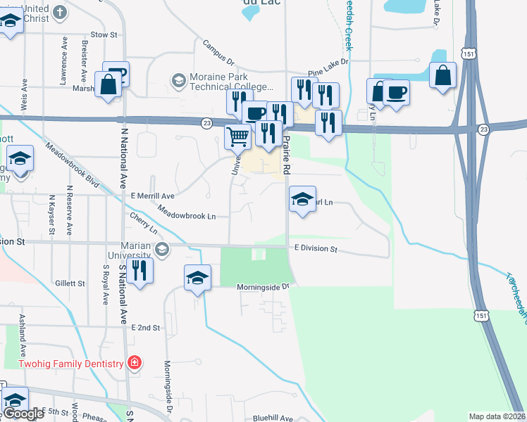 map of restaurants, bars, coffee shops, grocery stores, and more near 80 Prairie Road in Fond du Lac