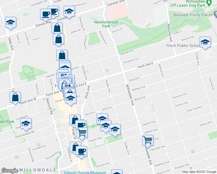 map of restaurants, bars, coffee shops, grocery stores, and more near 86 Olive Avenue in Toronto