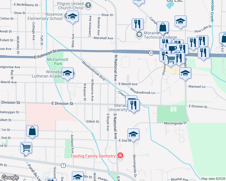 map of restaurants, bars, coffee shops, grocery stores, and more near 670 East Merrill Avenue in Fond du Lac